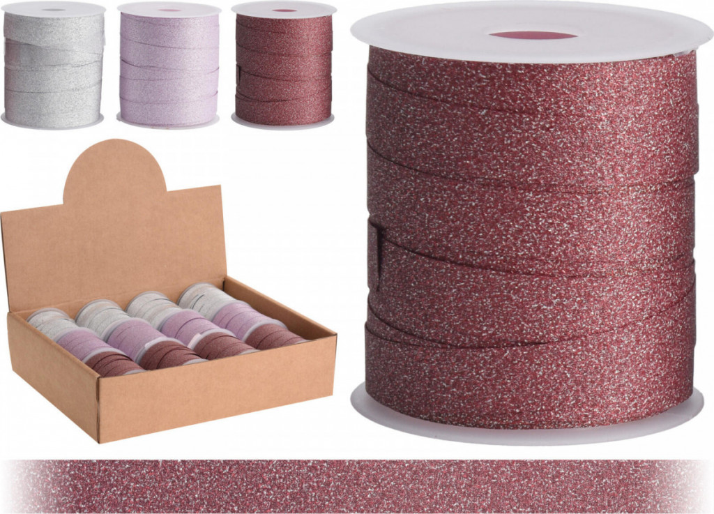 Stuha vázací 10mx1cm GLITTER mix BORDO/RŮŽ/STŘ