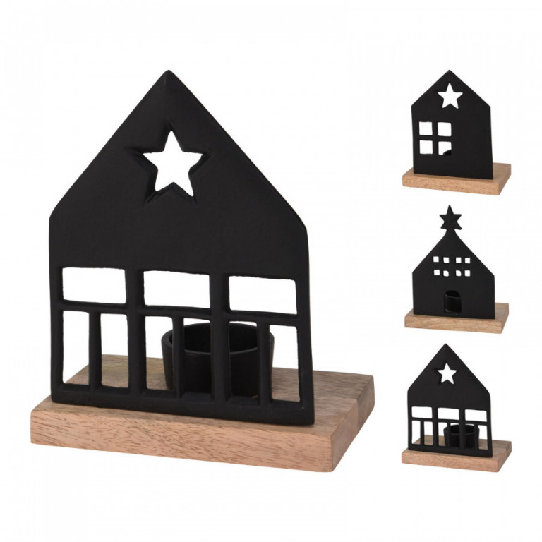 Dekorace DOMEK 13x17cm na čajovou svíčku Al ČER/dřevo mix