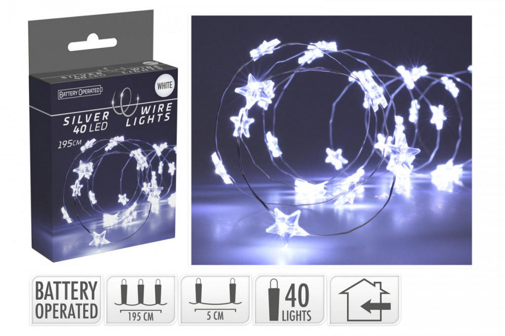 Osvětlení vánoční 1,95m 40LED studená BÍ, drát, HVĚZDY