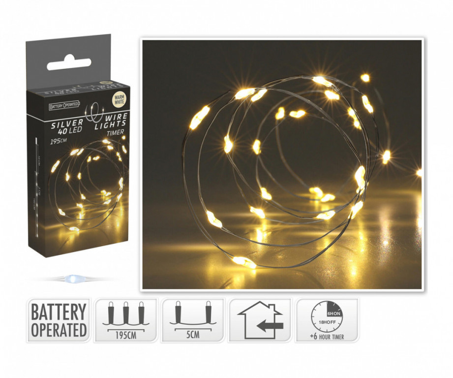 Osvětlení vánoční 1,95m 40LED teplá BÍ, drát, s časovačem