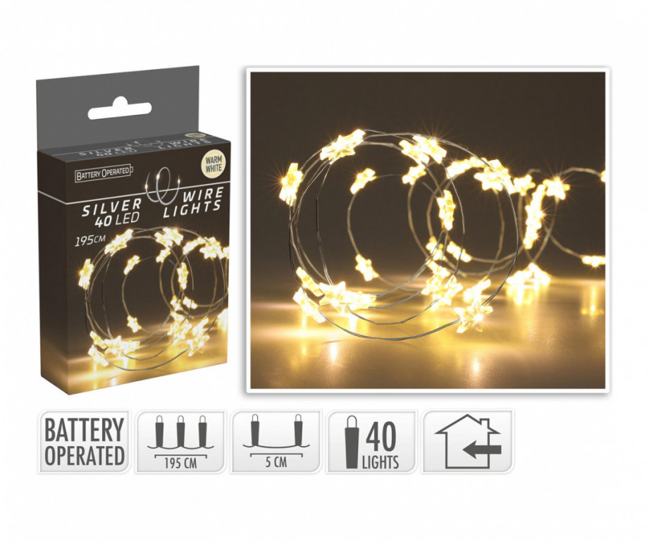 Osvětlení vánoční 1,95m 40LED teplá BÍ, drát, HVĚZDY