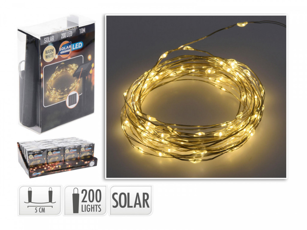 Osvětlení vánoční solární 10m 200LED teplá BÍ, drát